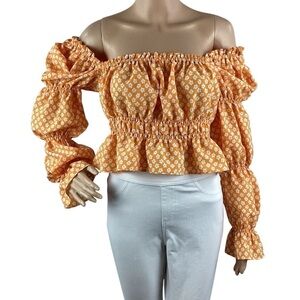 H&M Divided Floral Off-Shoulder Crop Top Puff Sleeve Ruffle Hem Blouse M
